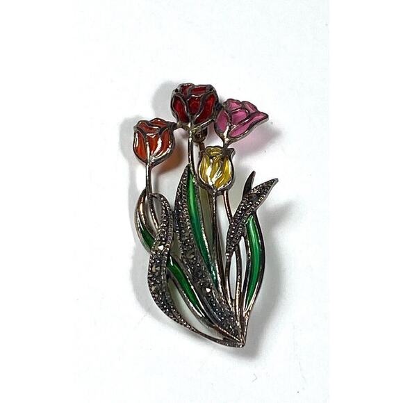 925 Sterling Silver Epoxy Tulips Marcasite Flowers Pin vintage - Picture 6 of 8